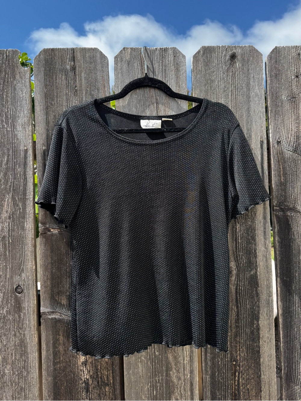 Vintage Black Polka Dot Ruffle Trim Short Sleeve Crewneck Top